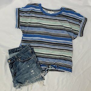 Persaya Blue, Black & Green Striped Short Sleeve w/ Drawstring Size Small